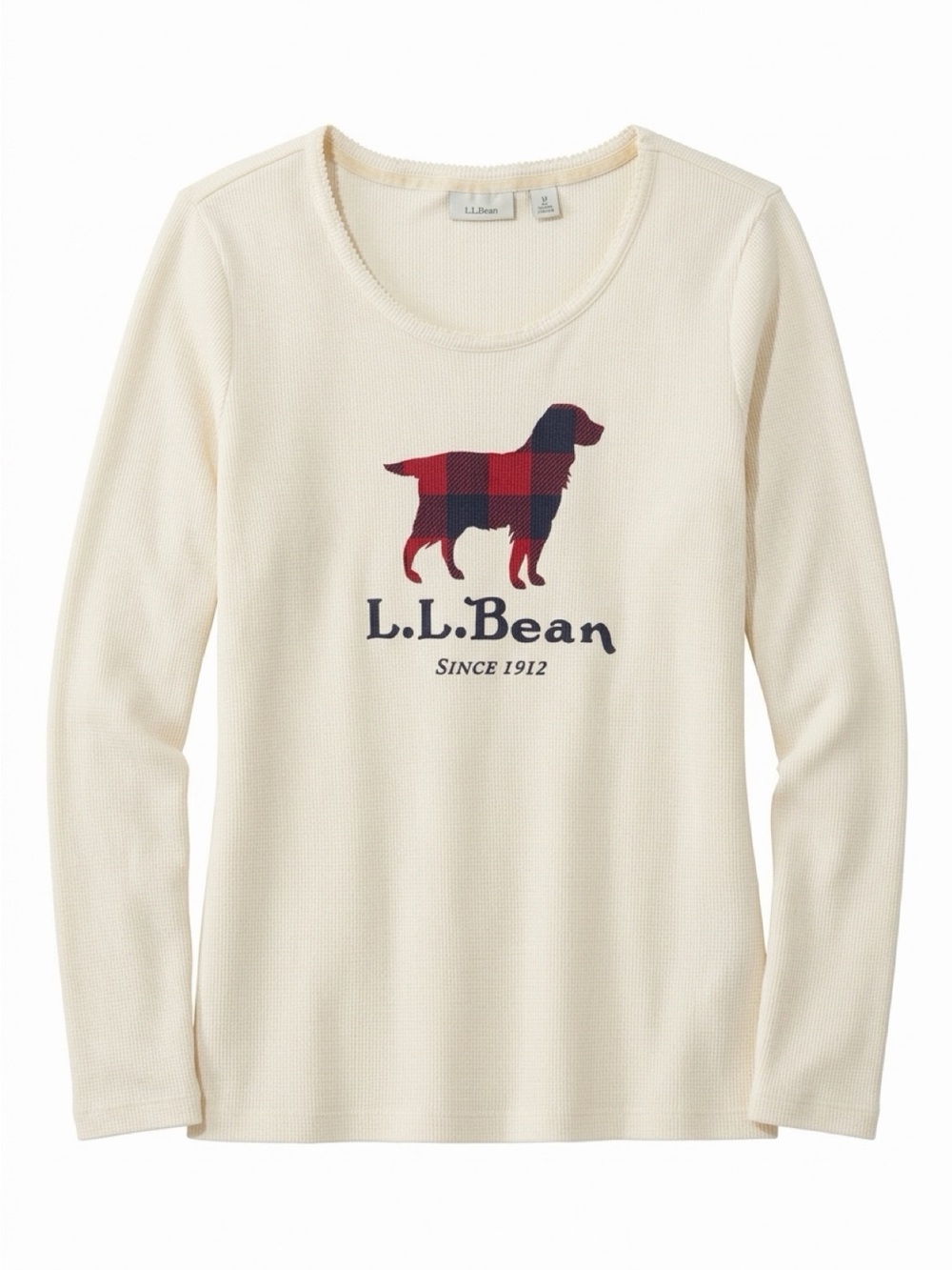 L.L. Bean Cream Crewneck Thermal with Red & Navy Plaid Dog Graphic